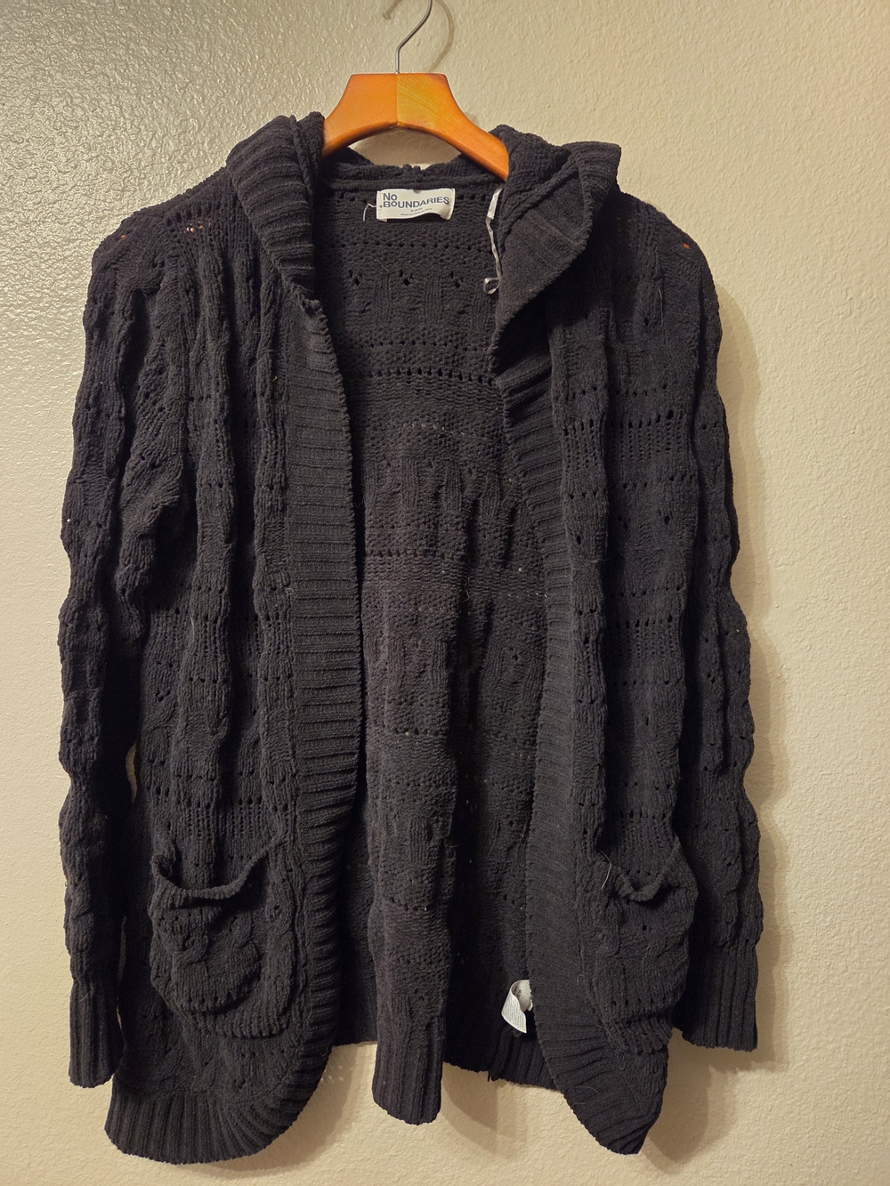 No Boundaries Black Hooded Open-Front Knit Cardigan